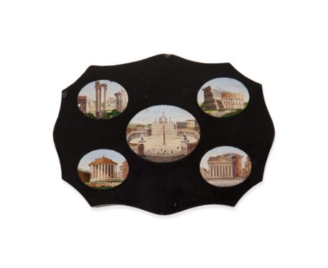 A second half 19th century Italian slate presse-papier inlaid with five oval micromosaic panels depicting views of Grand Tour
