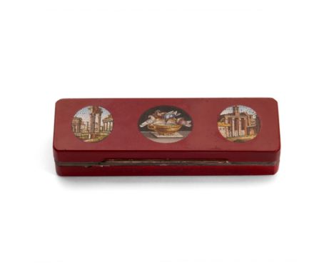 A late 18th / early 19th century Italian red marble and silver lined rectangular box inset with three small Roman oval microm