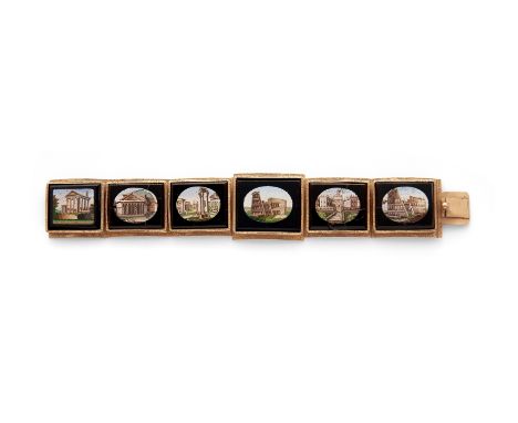 A micromosaic bracelet, mid-19th centuryThe six plaques consisting of one rectangular and five oval micromosaics, all inlaid 