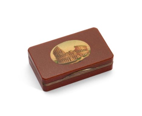 An Italian 'aventurina dorata' vitreous paste and oval micromosaic inset snuff boxRoman, circa 1825the silvered mounted avent