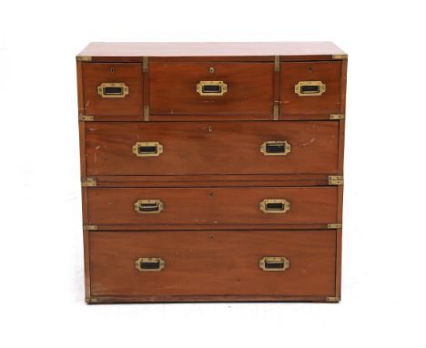  A Mahogany Campaign Desk signed on the lock of the middle drawer of the top row, Bramah London. The desk consists of two par