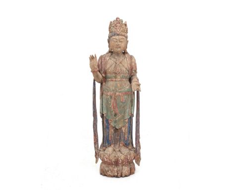  Wood statue of Guanyin, the Chinese goddess of compassion. Multicoloured. China, 18th or 19th century.  Some loose elements.