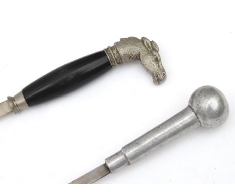  Two swords sticks from the 19th century. Both with a leather scabbard. One in the shape of a presenting stick and the other 