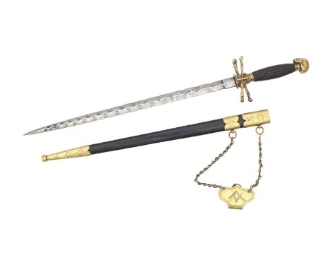  A late 19th or early 20th century Freemasonry/Masonic sword with leather scabbard. The top band of the scabbard engraved wit