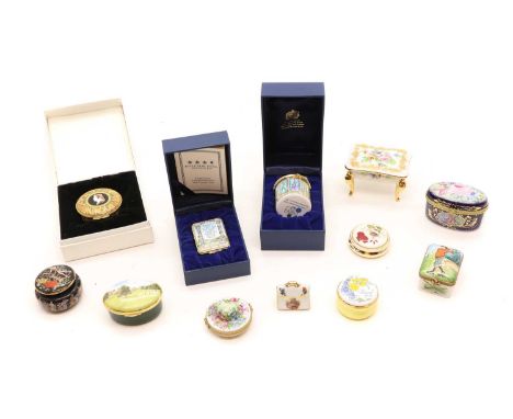 A collection of pillboxes,to include a boxed limited edition Halycon Days 'Fashion a Measure of Time' example, no. 369/1,000,
