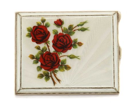 An enamelled silver cigarette case,by Henry Clifford Davies, Birmingham 1959, of square form with a bevelled edge, the lid de