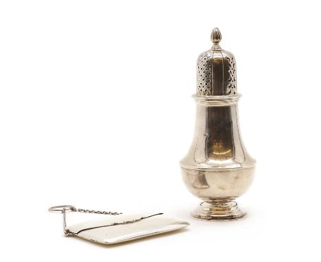 An Edwardian silver sugar caster,by William Hutton &amp; Sons Ltd, Sheffield 1902,20cm high,together with a silver card holde