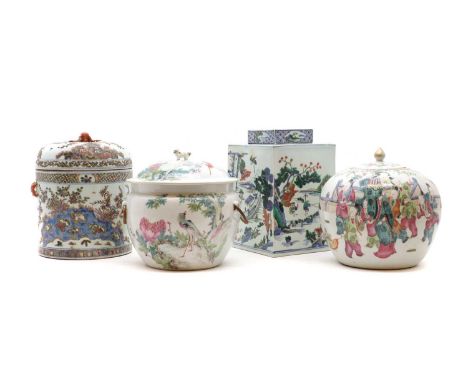 A group of Chinese porcelain jars and covers, 19th-20th century, comprising a famille verte and three famille rose, painted w