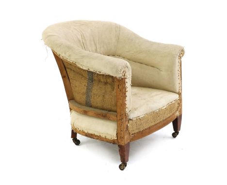 An Edwardian tub chair,with a rounded back, on square tapering mahogany legs, terminating in castors,72cm wide74cm deep75cm h