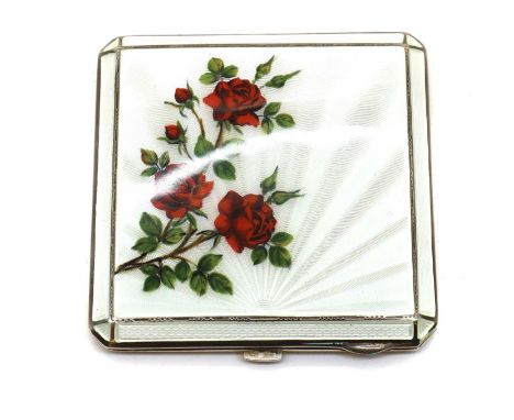 An enamelled silver compact,by Deakin &amp; Francis Ltd., Birmingham 1952, of square form with bevelled edges, the lid with w