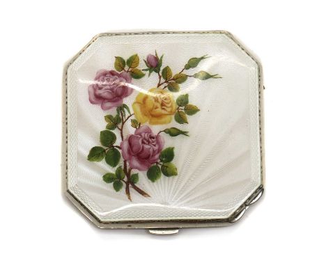 An enamelled silver compact,by Henry Clifford Davies, Birmingham 1947, of square form with cut corners, the lid decorated wit