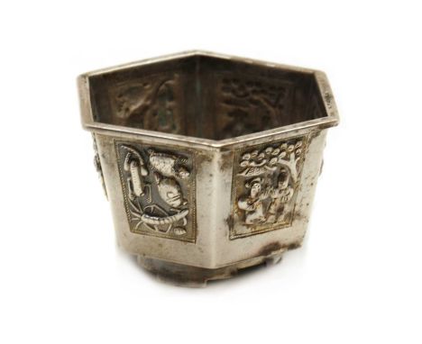 A Chinese silver salt cellar,early 20th century by Wang Hing, of hexagonal form, the sides with embossed panels of insects an