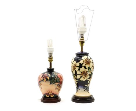 A Moorcroft pottery 'Golden Crown' table lamp,of shouldered form, with a tapering shade,38.5cm hightogether with an 'Oberon' 