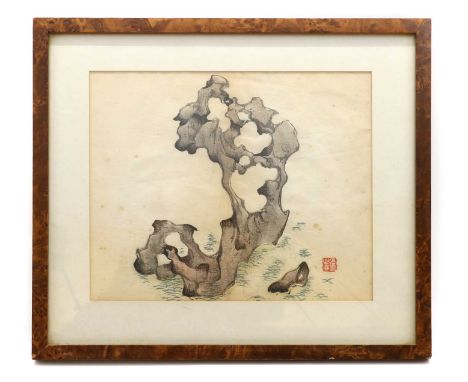 A Chinese woodblock print,19th-20th century, of a rock, with an artist's seal, ink and colour on paper,22.5 x 26cm, framed an