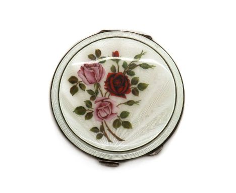 An enamelled silver compact,by Garrard &amp; Co Ltd, Birmingham 1956, of round form, the lid with white guilloche enamel over