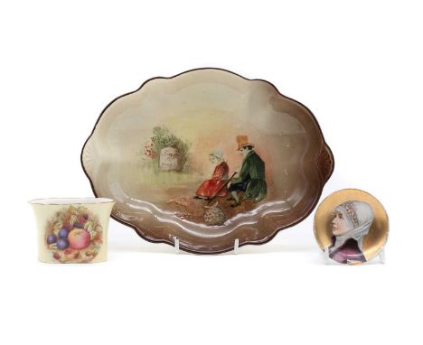 A Royal Worcester porcelain series ware dish,8210, of oval form, depicting two seated figures beside a milestone24 cm wide18 