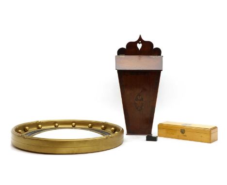 An inlaid mahogany candle box, 19th century, tapering from with hinged pierced pediment22 cm wide48 cm hightogether with a Re