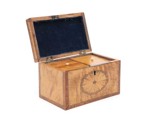 A George III satinwood tea caddy,circa 1800, the inlaid and crossbanded top revealing a twin canister interior, the covers wi