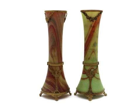 A pair of lithaylin type glass vases by Landier &amp; Fils,c.1900, French, each of slender form with gilt-metal mounts in the
