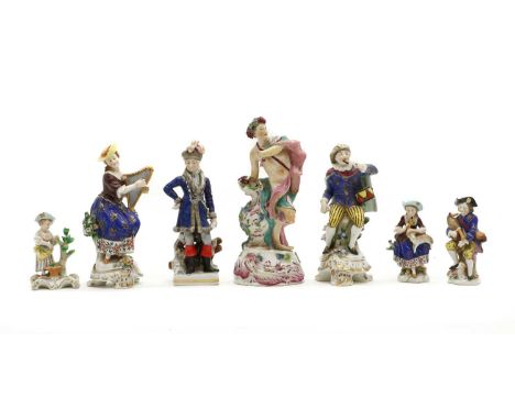 A collection of porcelain figures,comprising a pair of Samson porcelain musicians, each with a gilt anchor mark, 18cm high, a