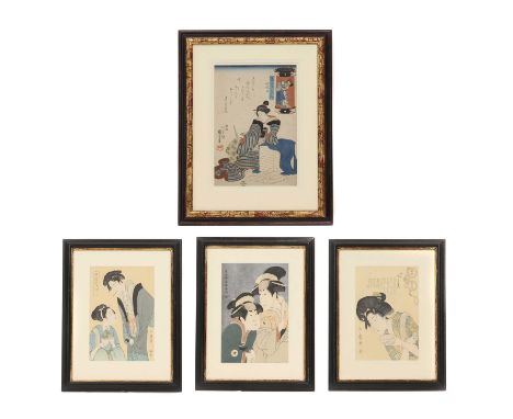 A Japanese woodblock print,Meiji period, (1868-1912), after Utagawa Kuniyoshi, of a lady seated under a lantern,34 x 23cm, an