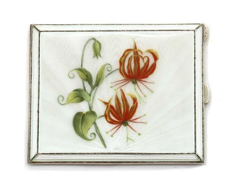 An enamelled silver cigarette case,by Henry Clifford Davies, Birmingham 1956, of square form with a bevelled edge, the lid de
