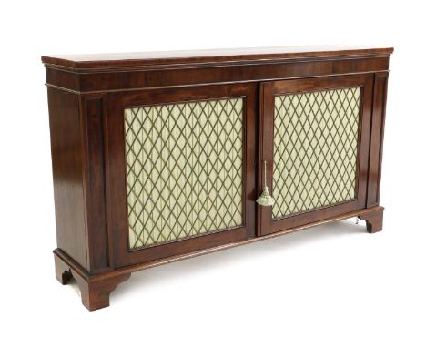 A Regency mahogany side cabinet,19th century and later, the crossbanded top over a pair of grille doors back with pleated fab