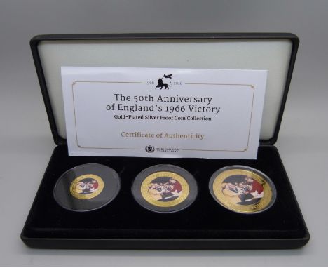 A three coin commemorative set, 50th Anniversary of England's 1966 World Cup victory, gold plated 925 silver proof 