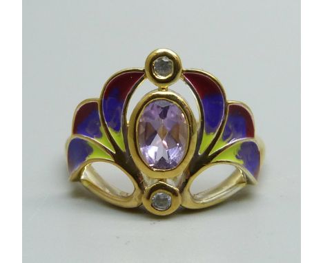 A silver gilt amethyst, zircon and enamel Art Nouveau style ring, with certificate, S 