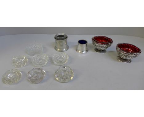 A pair of Victorian silver salts, London 1892, with cranberry liners, other glass salts etc. 