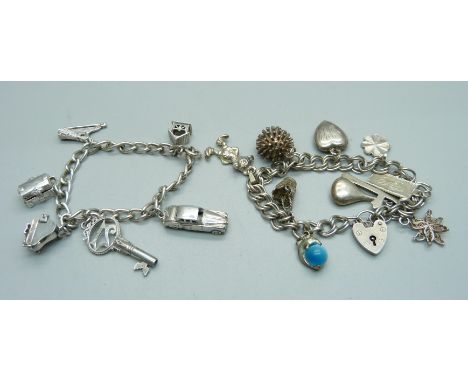 Two silver charm bracelets, one with 'vampire slaying chest charm', 58g 