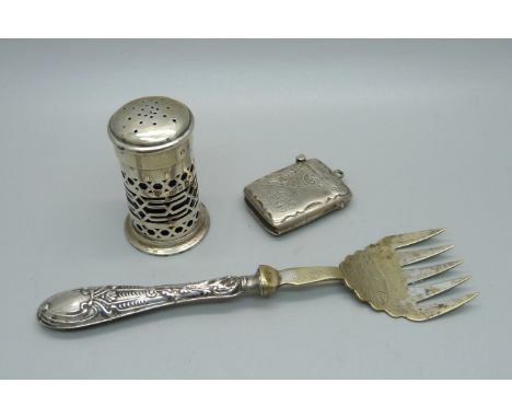 A silver vesta case, a Victorian silver pepper and a fork with silver covered handle 