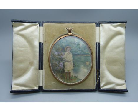 A portrait by Temple, in a gold plated frame, in original case, the oval frame 79mm wide 
