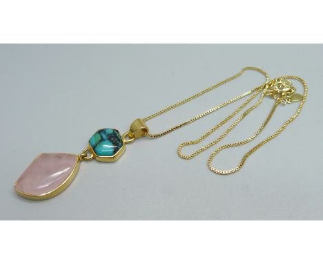 A Lhasa turquoise and rose quartz pendant and chain, with certificate 