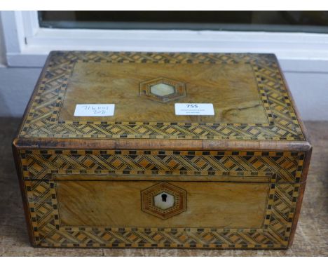 A 19th Century marquetry inlaid workbox (hinges replaced), with mother of pearl inlay 