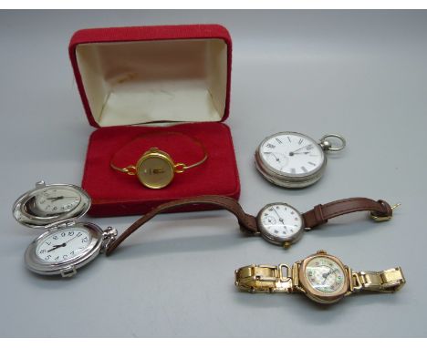 A silver pocket watch, a silver wristwatch, a rolled gold wristwatch, etc. 