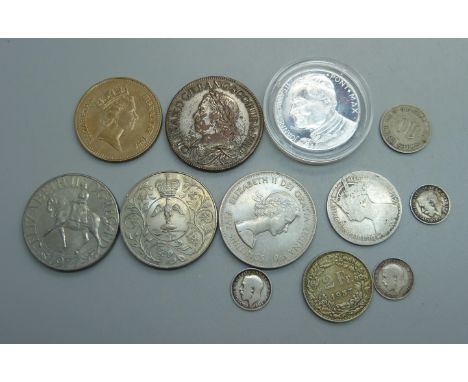 Assorted silver and other coins including Gothic head florin and one replica coin 