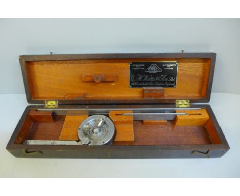 A cased E.R. Watts Optical Bevel Protractor, cased 