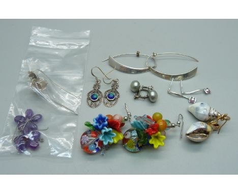 A pair of Arts and Crafts silver earrings and seven other pairs of earrings 