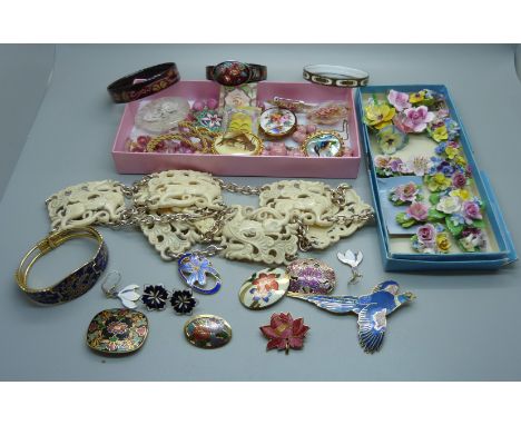 A collection of cloisonne jewellery, acrylic brooches with floral decoration and ceramic brooches 