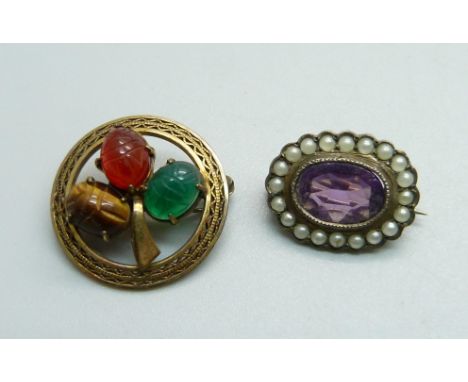 Two brooches, one 800 silver, one gold plated 
