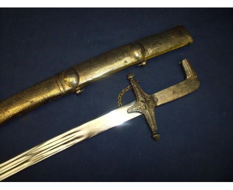 Arabian gilt metal short sword with 18 inch blade and gilt scabbard 