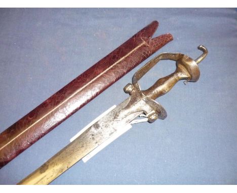 18th/19th C Indian Sukhela sword with 31 inch European style straight blade with traces of single shallow fuller, with engrav