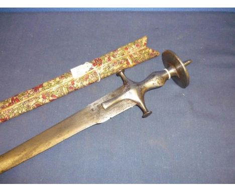 19th C Indian Talwar type short sword with 24 inch tapering slightly curved blade and disc shaped pommel with spike, complete