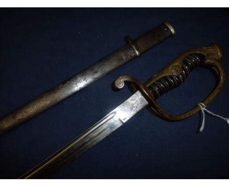 Japanese officers sword with 33 inch slightly curved blade with gilt metal hilt and guard overlaid with silver mon with ribbe