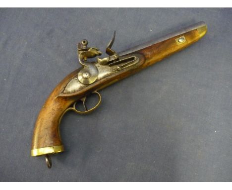 19th C Flintlock large bore service pistol with 9 inch smooth bore barrel and plain steel lock, with brass mounts and steel l