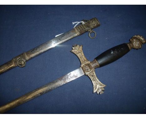 Circa 1900 American Masonic ceremonial sword with 30 inch engraved blade with name A. Clyde Morgan, with makers detail for Oh