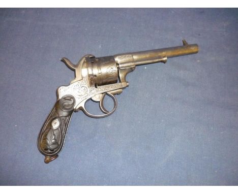 E. Lefaucheux Brevete six shot pin fire revolver with 5 1/2 inch barrel, engraved scrollwork and floral detail to the cylinde