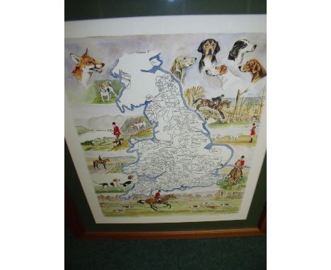 Framed and mounted limited edition Rosemary Coates signed print of packs, of UK hunting packs No 472/500 