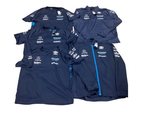 A collection Formula 1 Williams Racing/AMG Mercedes clothing to include, tracksuit top, 4 T-shirts, all GB 3XL unworn with or